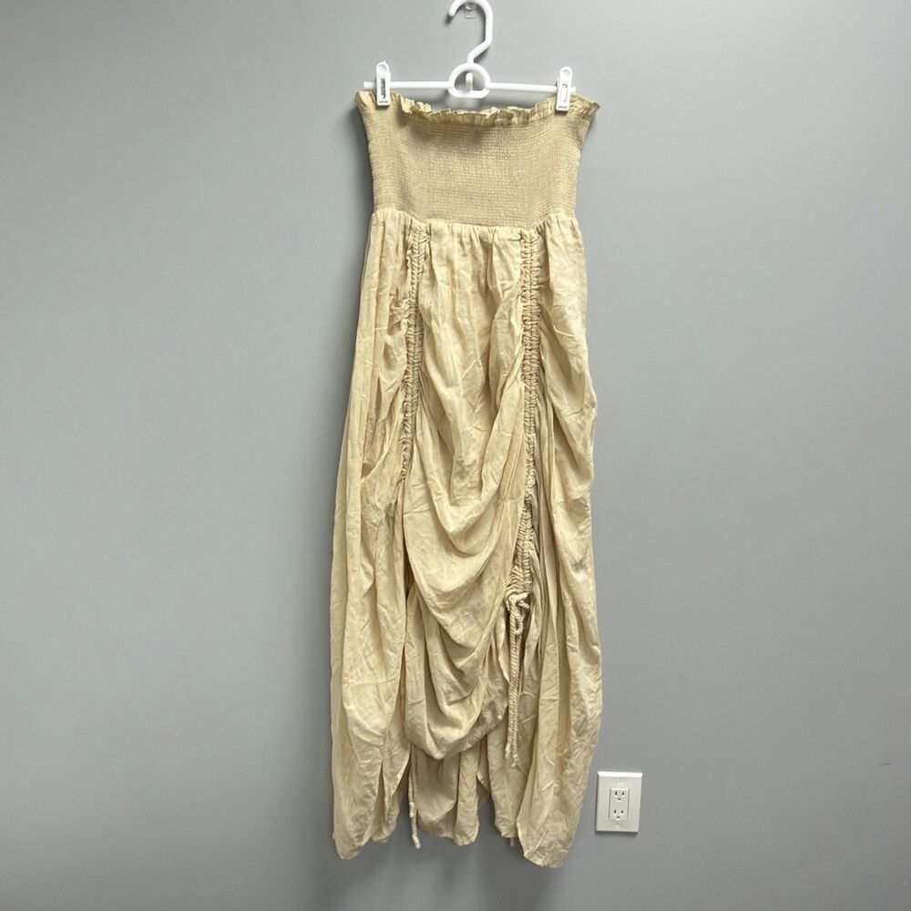 Lapis Beige Strapless Boho Maxi Dress Medium Cotton Ruched Bubble Hem Cottagecor